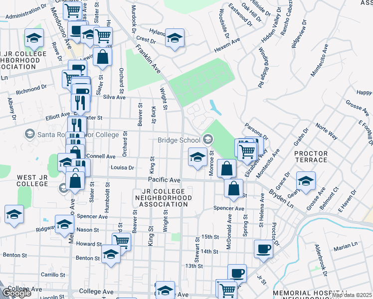 map of restaurants, bars, coffee shops, grocery stores, and more near 1576 North Street in Santa Rosa