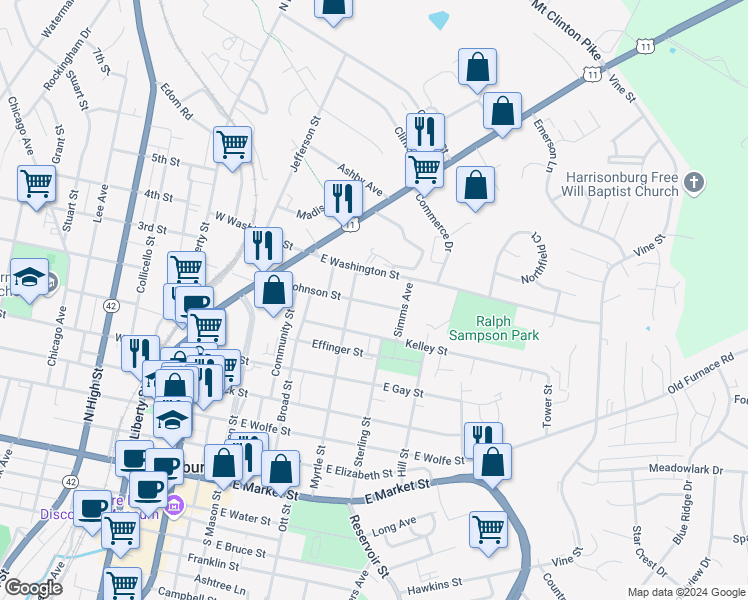 map of restaurants, bars, coffee shops, grocery stores, and more near 244 East Johnson Street in Harrisonburg