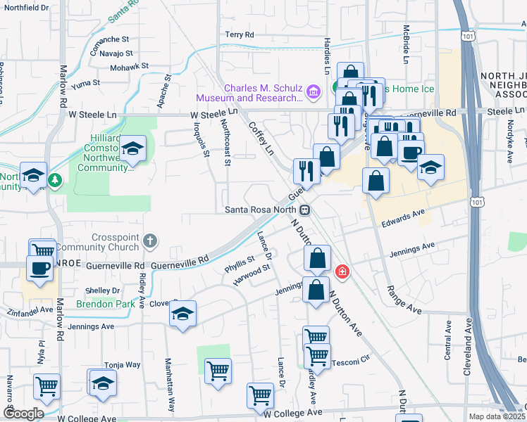 map of restaurants, bars, coffee shops, grocery stores, and more near 2625 Westberry Drive in Santa Rosa