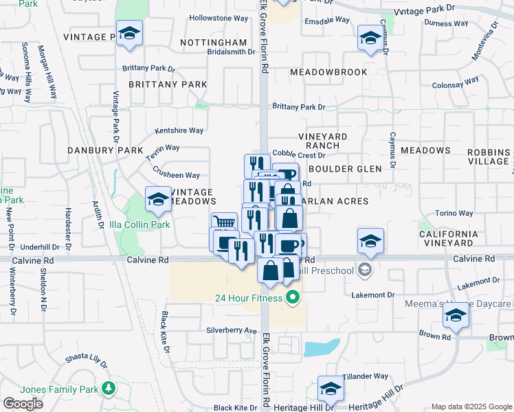 map of restaurants, bars, coffee shops, grocery stores, and more near 8312 Elk Grove Florin Road in Sacramento