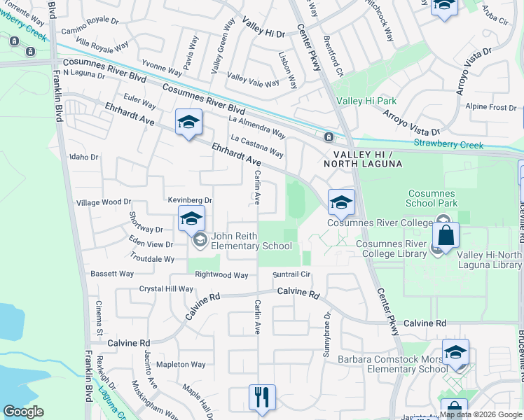 map of restaurants, bars, coffee shops, grocery stores, and more near 86 Del Vista Circle in Sacramento