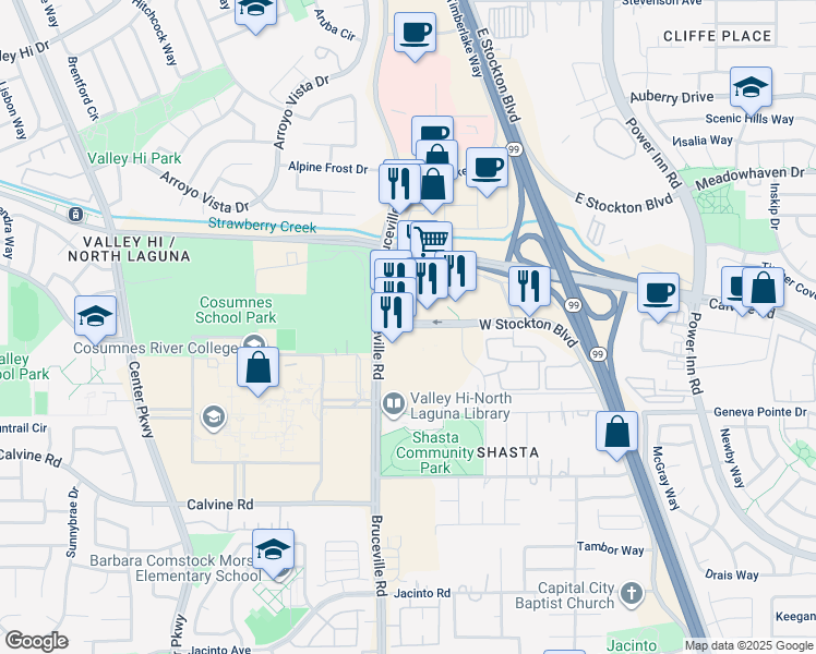 map of restaurants, bars, coffee shops, grocery stores, and more near 7501 West Stockton Boulevard in Sacramento