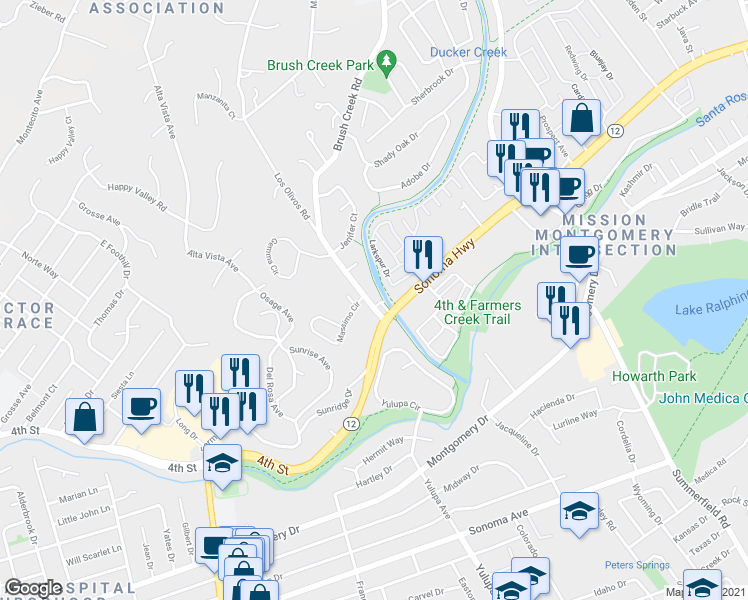 map of restaurants, bars, coffee shops, grocery stores, and more near 101 Massimo Circle in Santa Rosa