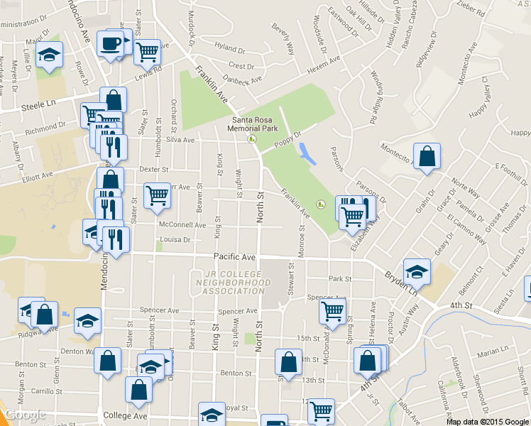 map of restaurants, bars, coffee shops, grocery stores, and more near 1576 North Street in Santa Rosa