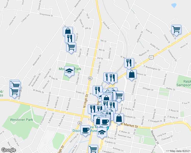 map of restaurants, bars, coffee shops, grocery stores, and more near 520 Collicello Street in Harrisonburg