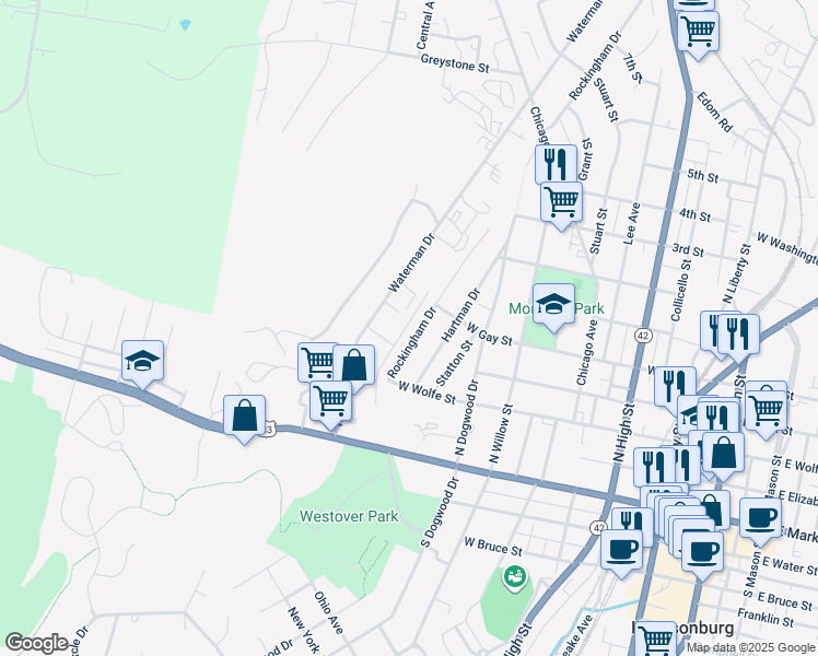 map of restaurants, bars, coffee shops, grocery stores, and more near 319 Rockingham Dr in Harrisonburg