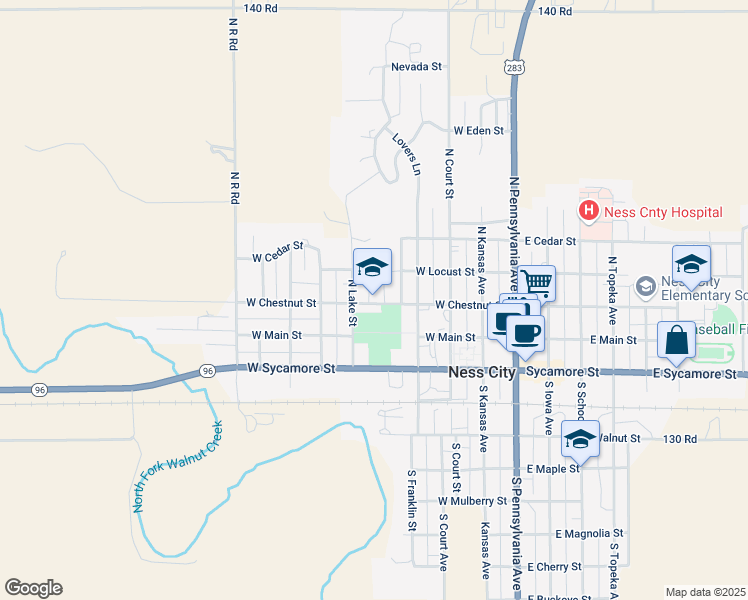 map of restaurants, bars, coffee shops, grocery stores, and more near 500 East Chestnut Street in Ness City