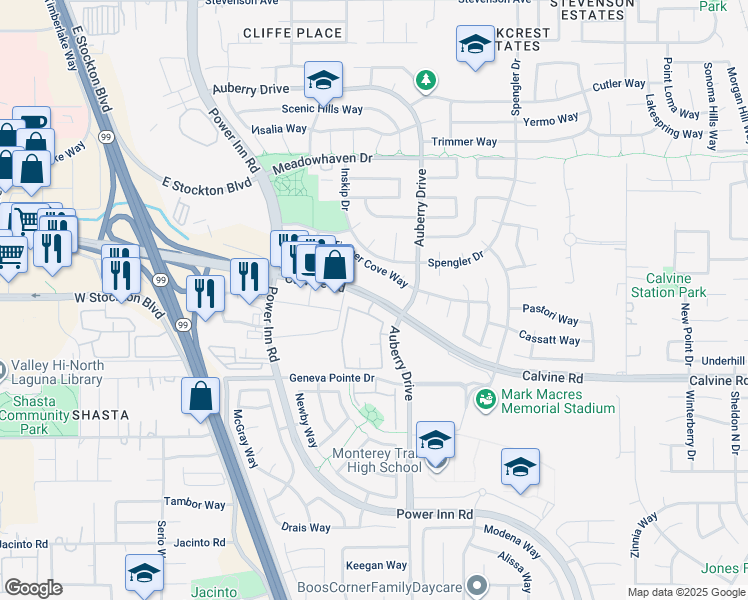 map of restaurants, bars, coffee shops, grocery stores, and more near Calvine Road in Sacramento