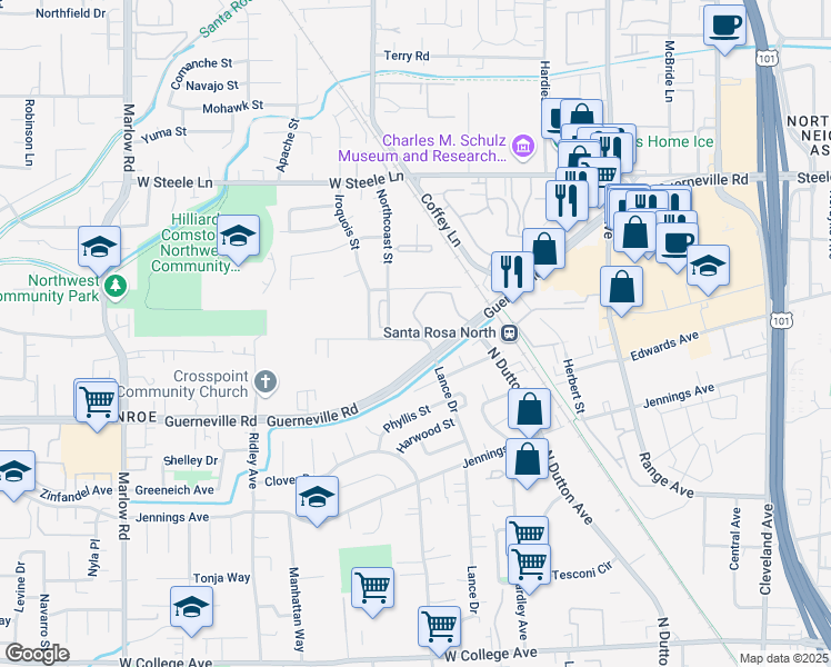 map of restaurants, bars, coffee shops, grocery stores, and more near 2748 Westberry Drive in Santa Rosa