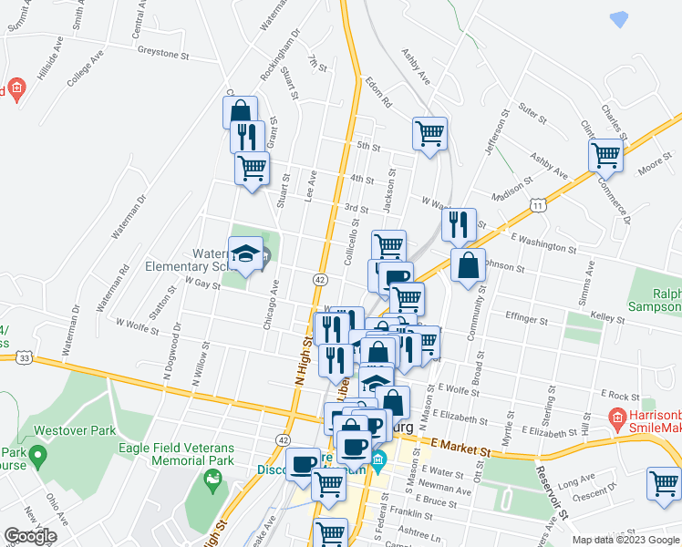 map of restaurants, bars, coffee shops, grocery stores, and more near 501 Collicello Street in Harrisonburg