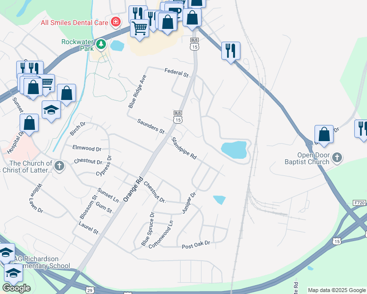 map of restaurants, bars, coffee shops, grocery stores, and more near 124 Standpipe Road in Culpeper