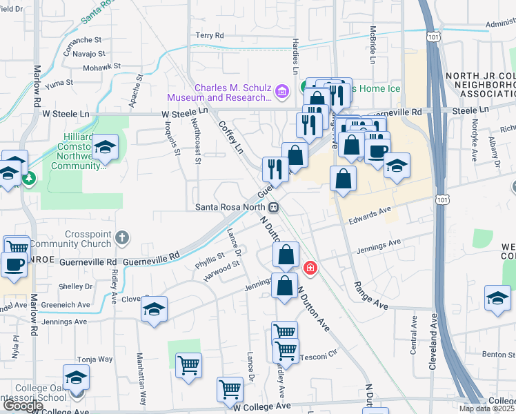 map of restaurants, bars, coffee shops, grocery stores, and more near 1814 North Dutton Avenue in Santa Rosa