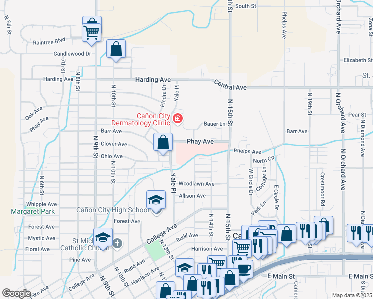 map of restaurants, bars, coffee shops, grocery stores, and more near 1338 Phay Avenue in Cañon City