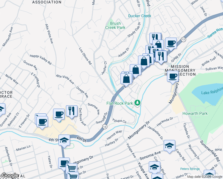 map of restaurants, bars, coffee shops, grocery stores, and more near 101 Massimo Circle in Santa Rosa