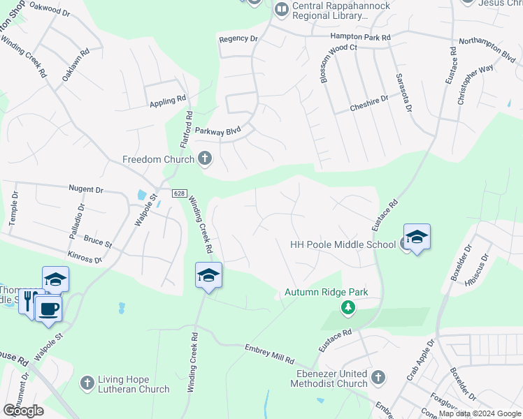 map of restaurants, bars, coffee shops, grocery stores, and more near 8 Silverthorn Court in Stafford