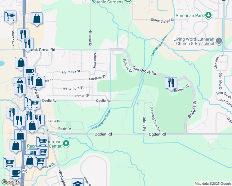 map of restaurants, bars, coffee shops, grocery stores, and more near 2149 Painted Wall Lane in Montrose
