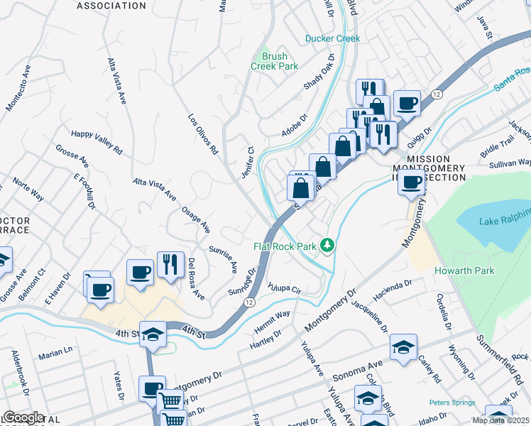 map of restaurants, bars, coffee shops, grocery stores, and more near 101 Massimo Circle in Santa Rosa