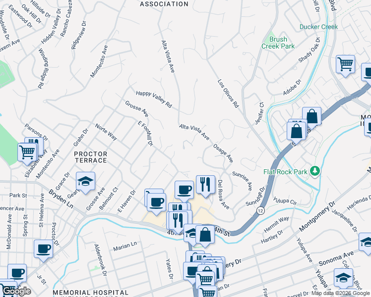 map of restaurants, bars, coffee shops, grocery stores, and more near 2141 East Foothill Drive in Santa Rosa