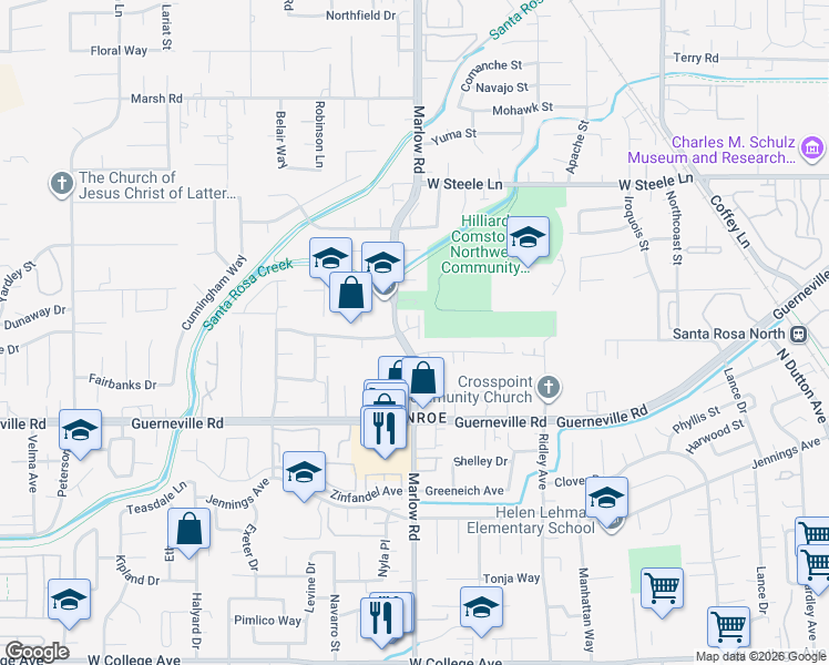 map of restaurants, bars, coffee shops, grocery stores, and more near 1952 Crosspoint Court in Santa Rosa