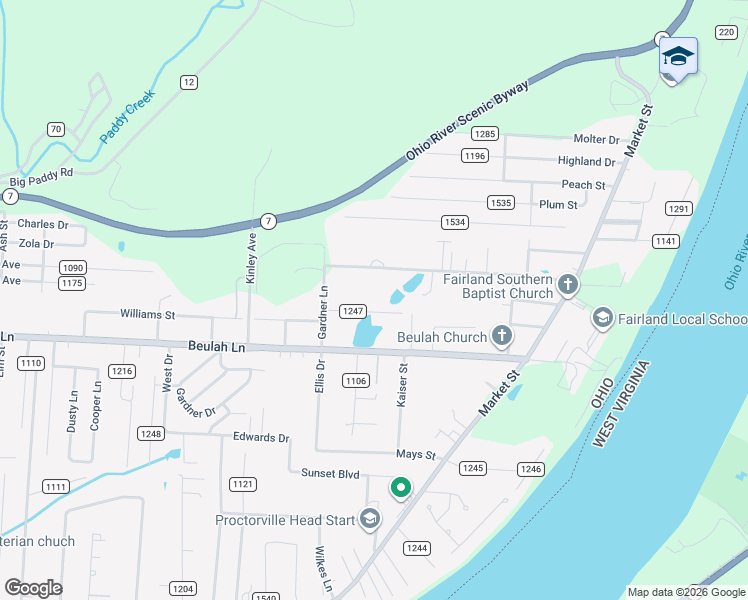 map of restaurants, bars, coffee shops, grocery stores, and more near 123 Township Road 1247 in Proctorville