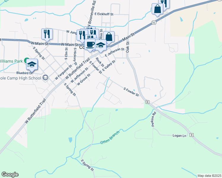 map of restaurants, bars, coffee shops, grocery stores, and more near 103-113 West Dehoney Lane in Cole Camp