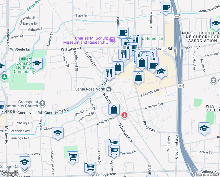 map of restaurants, bars, coffee shops, grocery stores, and more near 1488 Guerneville Road in Santa Rosa