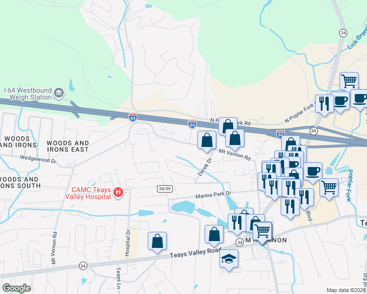 map of restaurants, bars, coffee shops, grocery stores, and more near 1148 County Route 34/14 in Hurricane