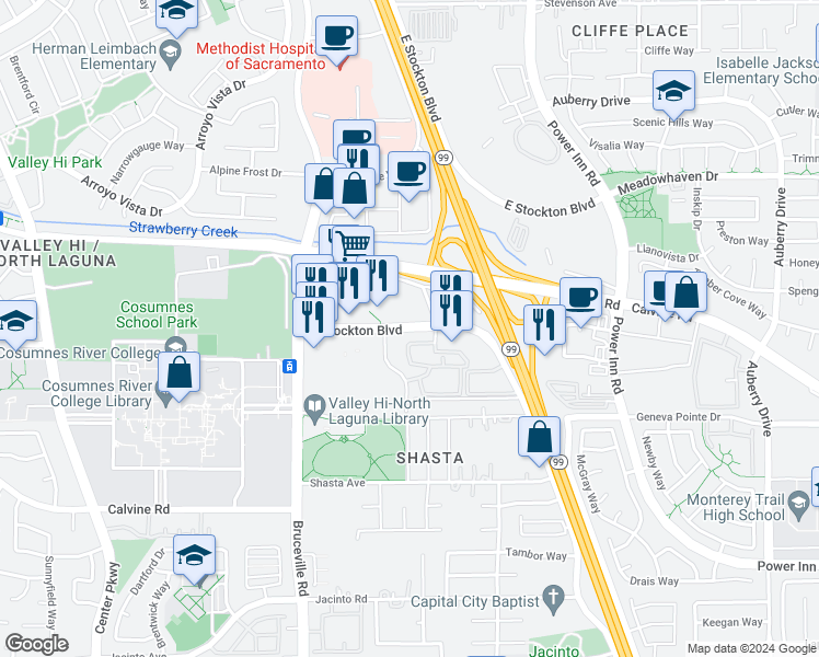 map of restaurants, bars, coffee shops, grocery stores, and more near 7622 West Stockton Boulevard in Sacramento
