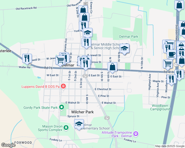 map of restaurants, bars, coffee shops, grocery stores, and more near 409 East East Street in Delmar