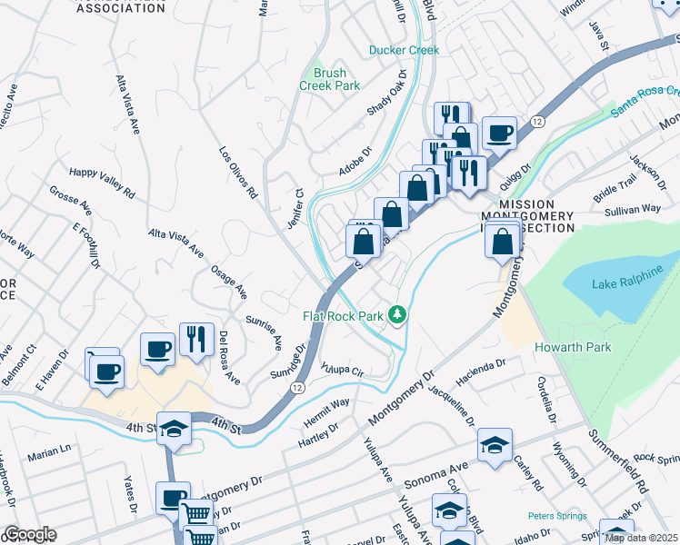 map of restaurants, bars, coffee shops, grocery stores, and more near 3833 Sonoma Highway in Santa Rosa