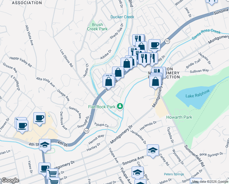 map of restaurants, bars, coffee shops, grocery stores, and more near 4046 Sonoma Highway in Santa Rosa