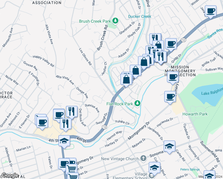 map of restaurants, bars, coffee shops, grocery stores, and more near 101 Massimo Circle in Santa Rosa