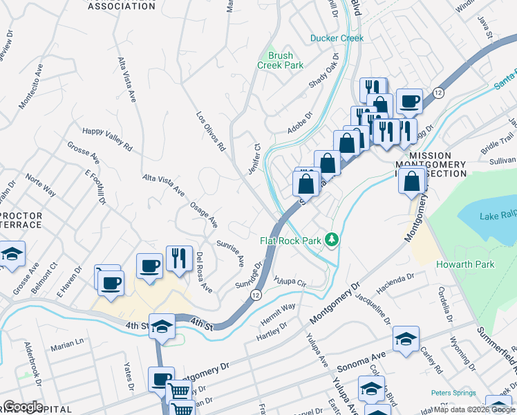 map of restaurants, bars, coffee shops, grocery stores, and more near 101 Massimo Circle in Santa Rosa