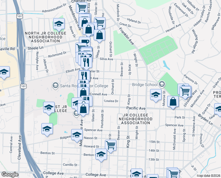 map of restaurants, bars, coffee shops, grocery stores, and more near 1577 Orchard Street in Santa Rosa