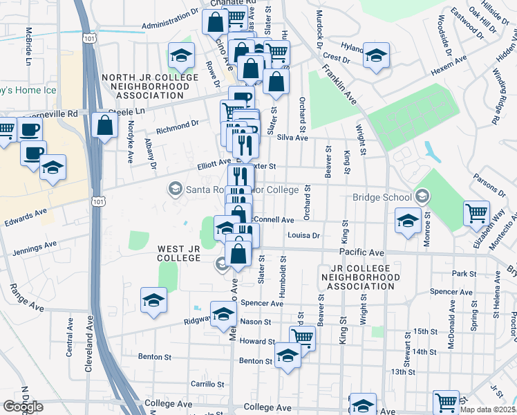 map of restaurants, bars, coffee shops, grocery stores, and more near in Santa Rosa