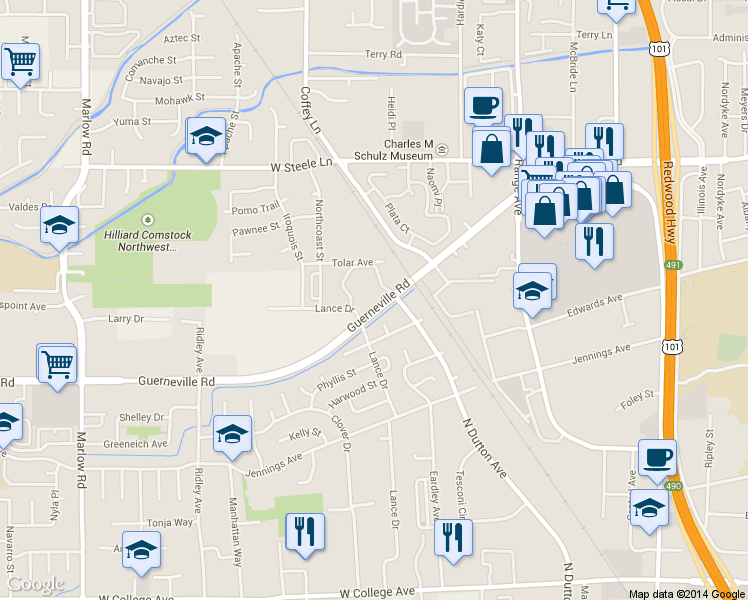 map of restaurants, bars, coffee shops, grocery stores, and more near 2621 Westberry Drive in Santa Rosa