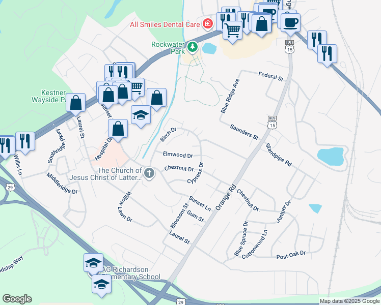 map of restaurants, bars, coffee shops, grocery stores, and more near 230 Elmwood Drive in Culpeper