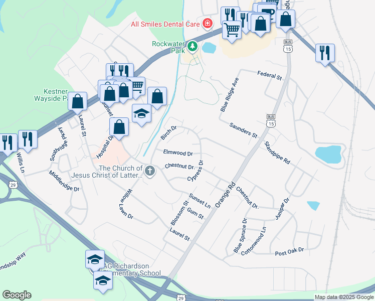 map of restaurants, bars, coffee shops, grocery stores, and more near 234 Elmwood Drive in Culpeper