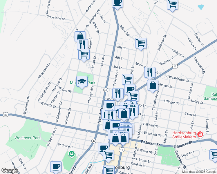map of restaurants, bars, coffee shops, grocery stores, and more near 511 Virginia Avenue in Harrisonburg