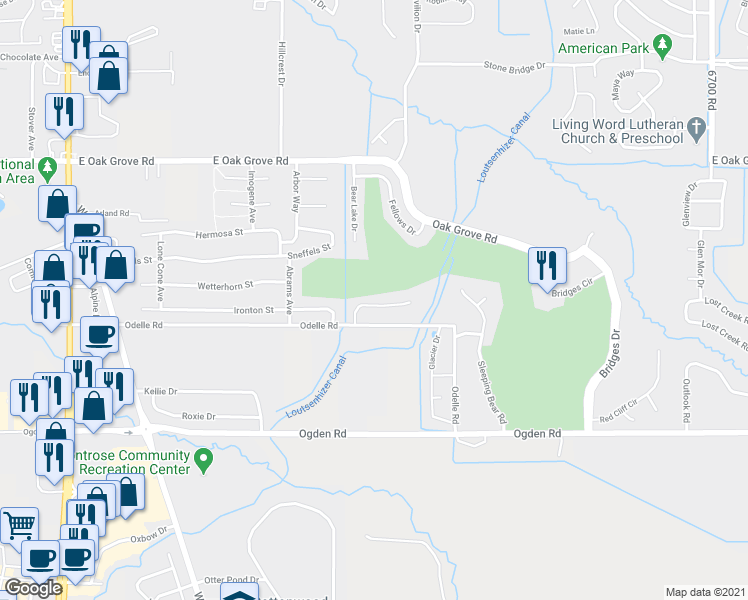 map of restaurants, bars, coffee shops, grocery stores, and more near 2149 Painted Wall Lane in Montrose