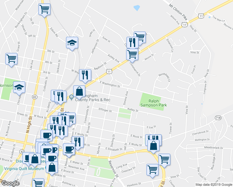 map of restaurants, bars, coffee shops, grocery stores, and more near 244 East Johnson Street in Harrisonburg