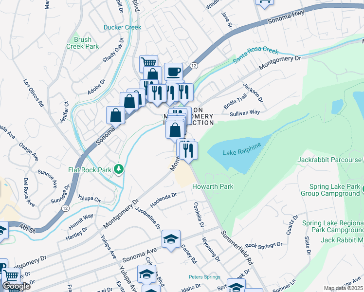 map of restaurants, bars, coffee shops, grocery stores, and more near 4332 Montgomery Drive in Santa Rosa