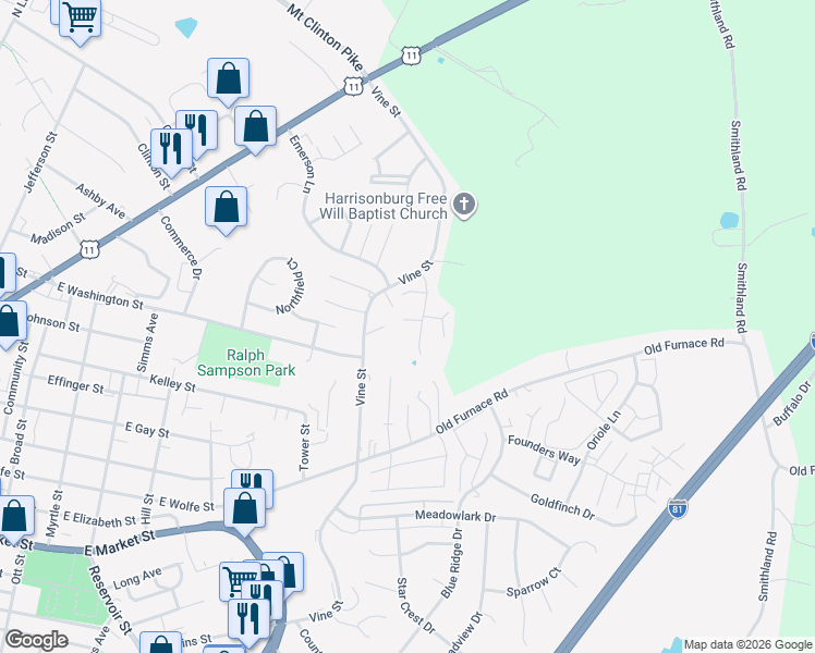 map of restaurants, bars, coffee shops, grocery stores, and more near 1010 Oak View Court in Harrisonburg