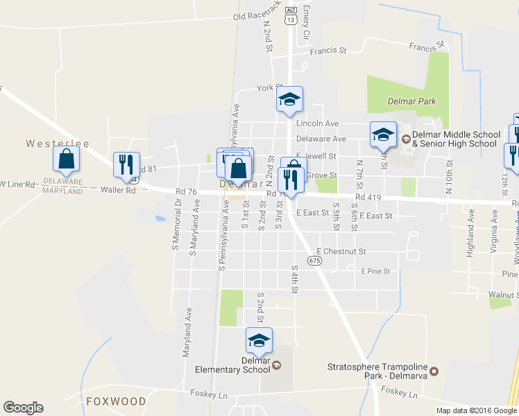 map of restaurants, bars, coffee shops, grocery stores, and more near 113 E East St in Delmar