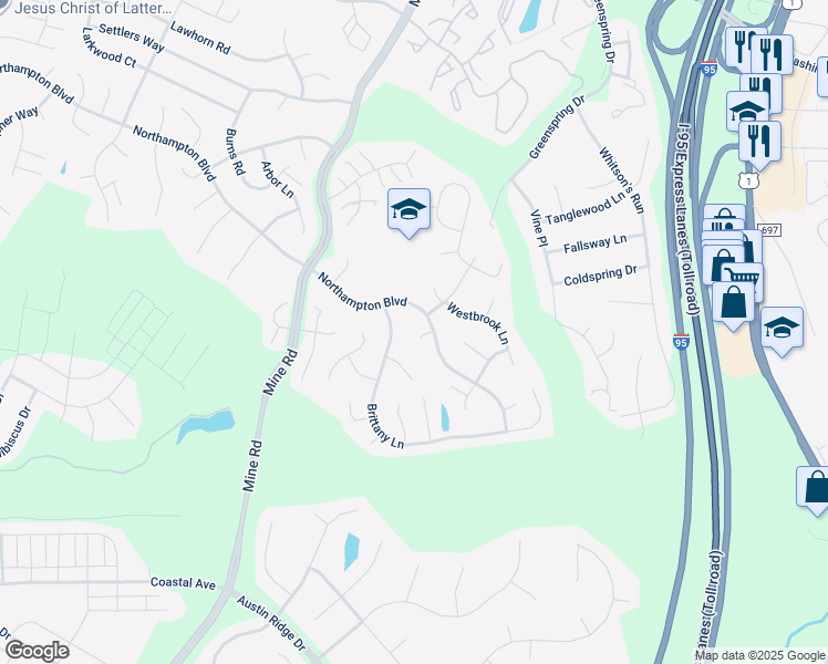 map of restaurants, bars, coffee shops, grocery stores, and more near 116 Northampton Boulevard in Stafford