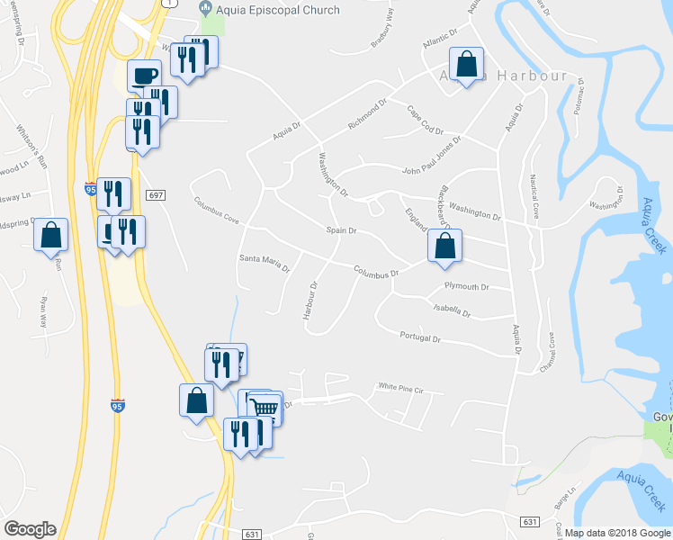 map of restaurants, bars, coffee shops, grocery stores, and more near 1101 Columbus Drive in Stafford