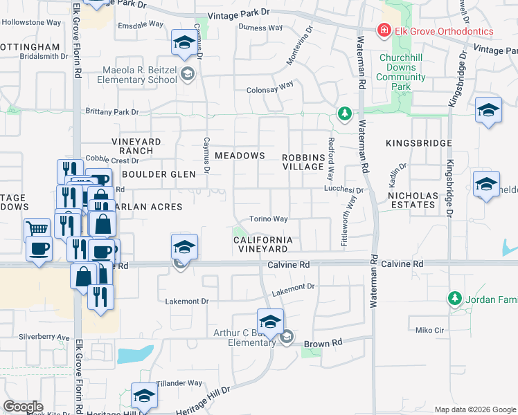 map of restaurants, bars, coffee shops, grocery stores, and more near 9128 Greco Court in Sacramento