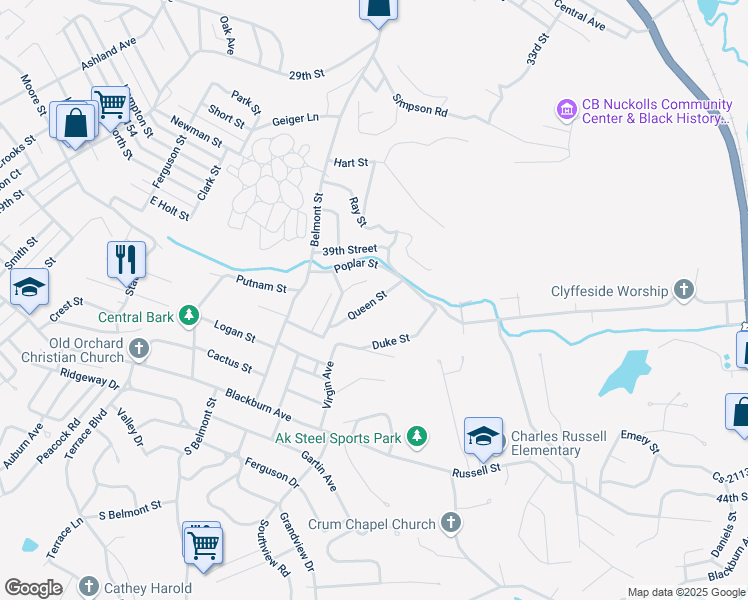 map of restaurants, bars, coffee shops, grocery stores, and more near 3941 Queen Street in Ashland