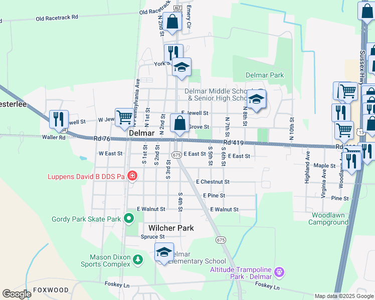 map of restaurants, bars, coffee shops, grocery stores, and more near 409 East East Street in Delmar