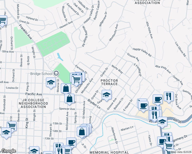 map of restaurants, bars, coffee shops, grocery stores, and more near 2128 Montecito Avenue in Santa Rosa